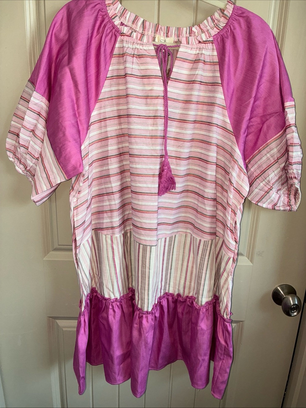 easel Pink Striped Midi Dress with Tassel Tie